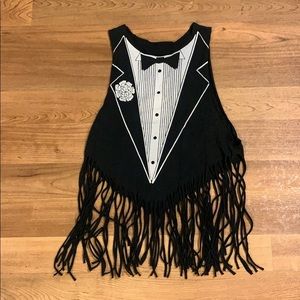 Vintage tuxedo tee with hand cut fringe